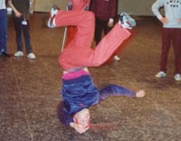 Tony doing a headspin while waiting to go on ZDF television -Frankfurt 1990